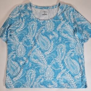 Talbots Top Womens 2X Plus Blue White Paisley Floral Coastal Casual Nautical Tee